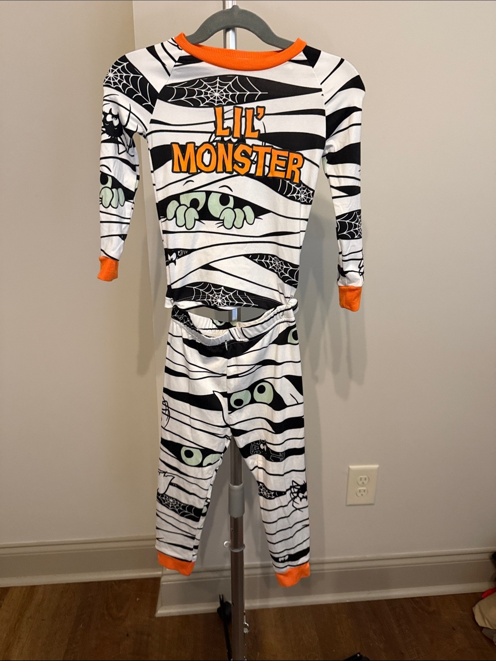 Lil' Monster Glow in the Dark Kids Pajama Set - White with Orange Trim